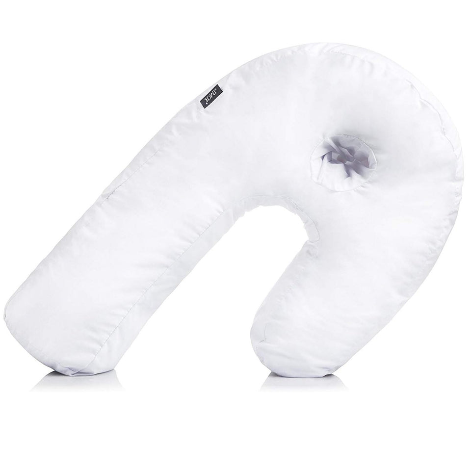 DMI U-shaped side sleeping pillow cradles the neck and shoulders for comfort.