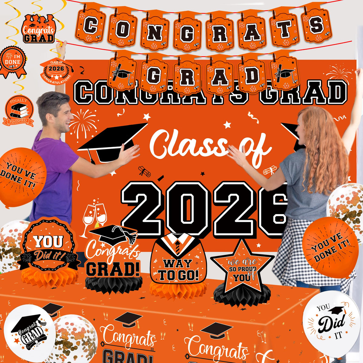 DMIGHT Graduation decor set orange provides a complete theme kit