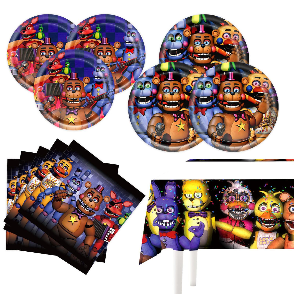 DMORED Freddy's party kit shown with plates, napkins, and tablecover for quick festive setup