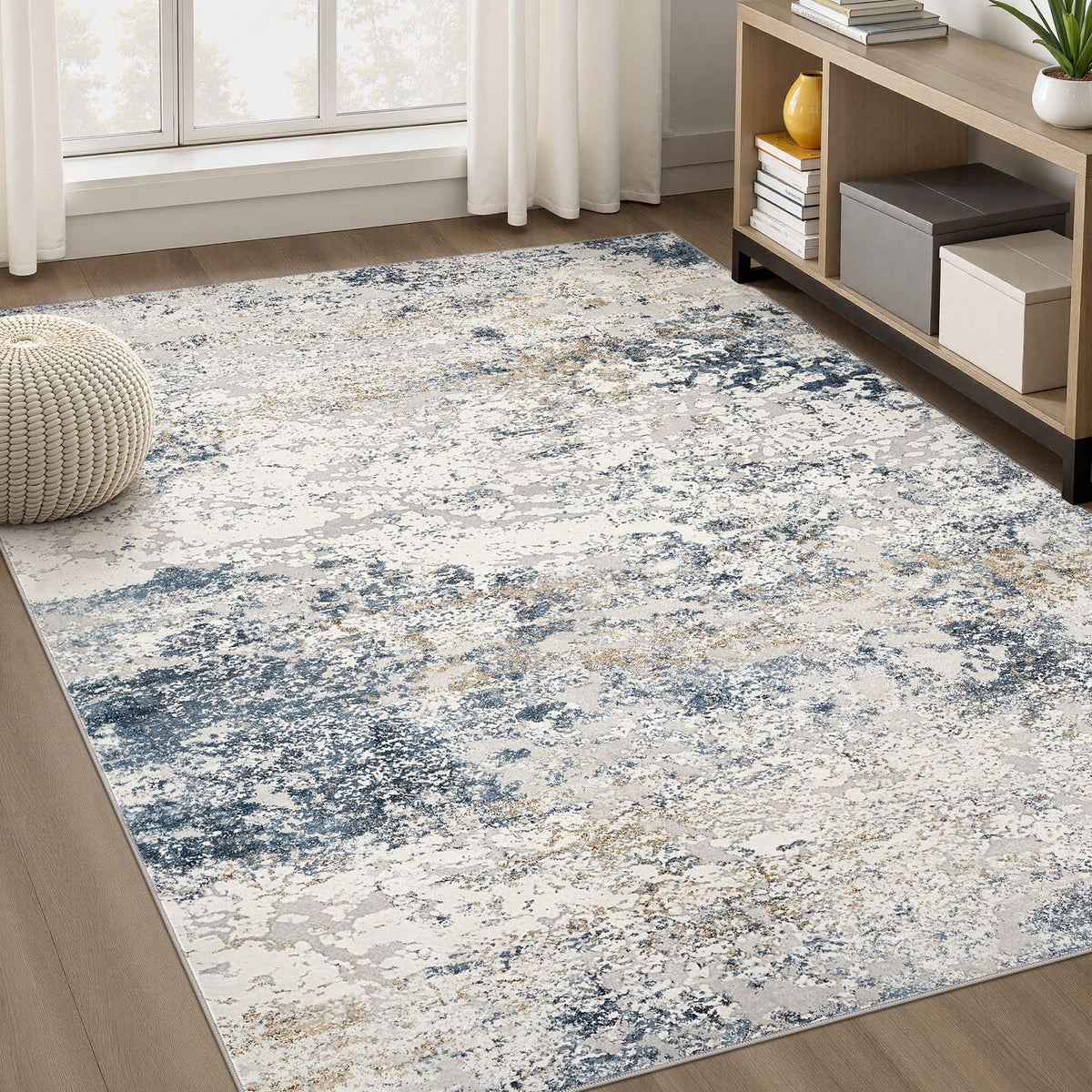 DMOYEST area rug 5x7 abstract soft beige blue enhances comfort in living rooms.