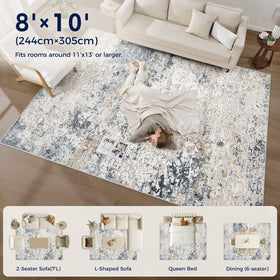 DMOYEST area rug living room setup showing beige-blue tones