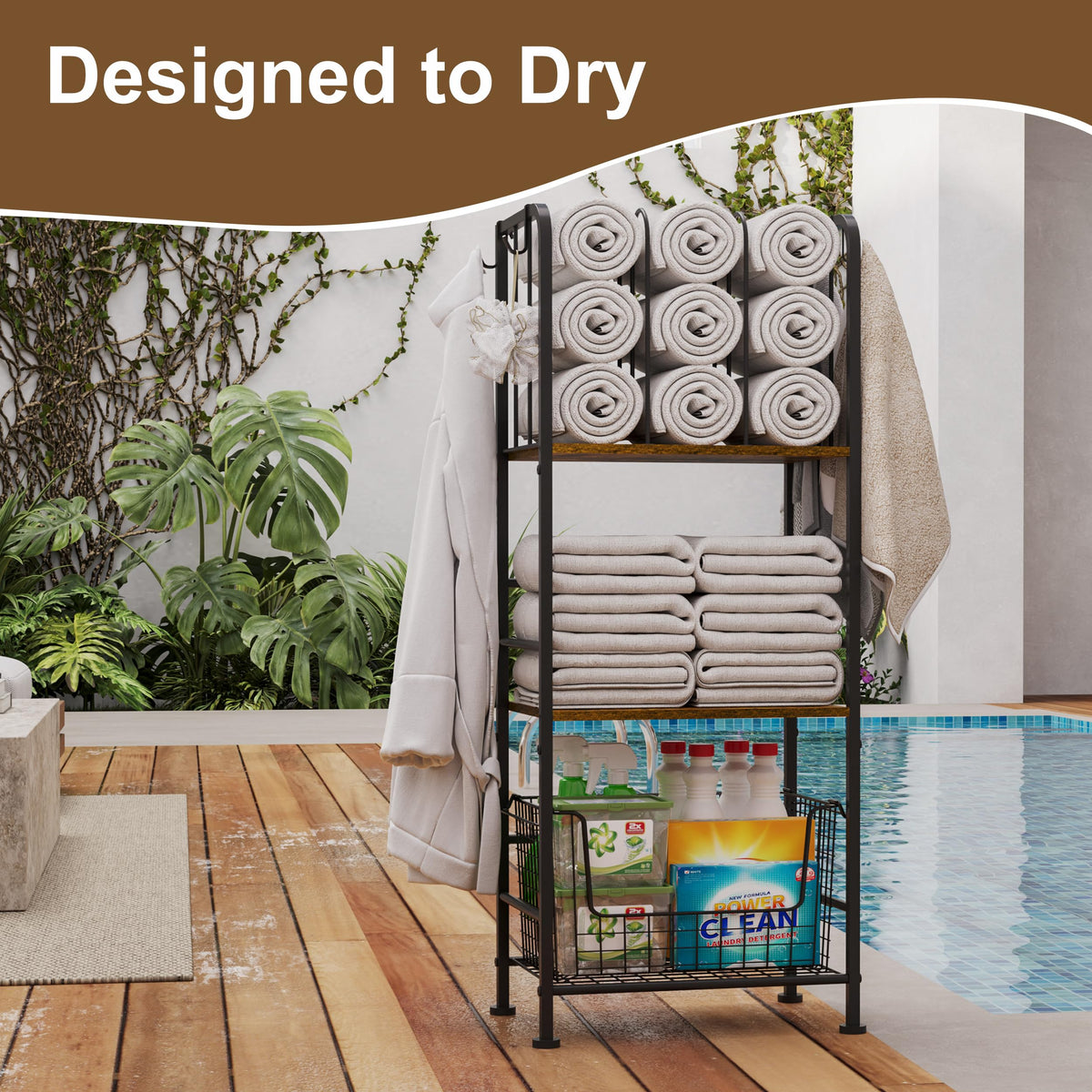 Dmticoasis towel rack supports up to 70 lbs of towels and essentials.