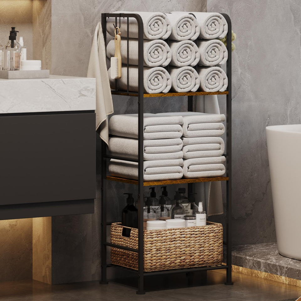 Dmticoasis towel rack top shelf with M-shaped dividers keeps towels efficiently organized.