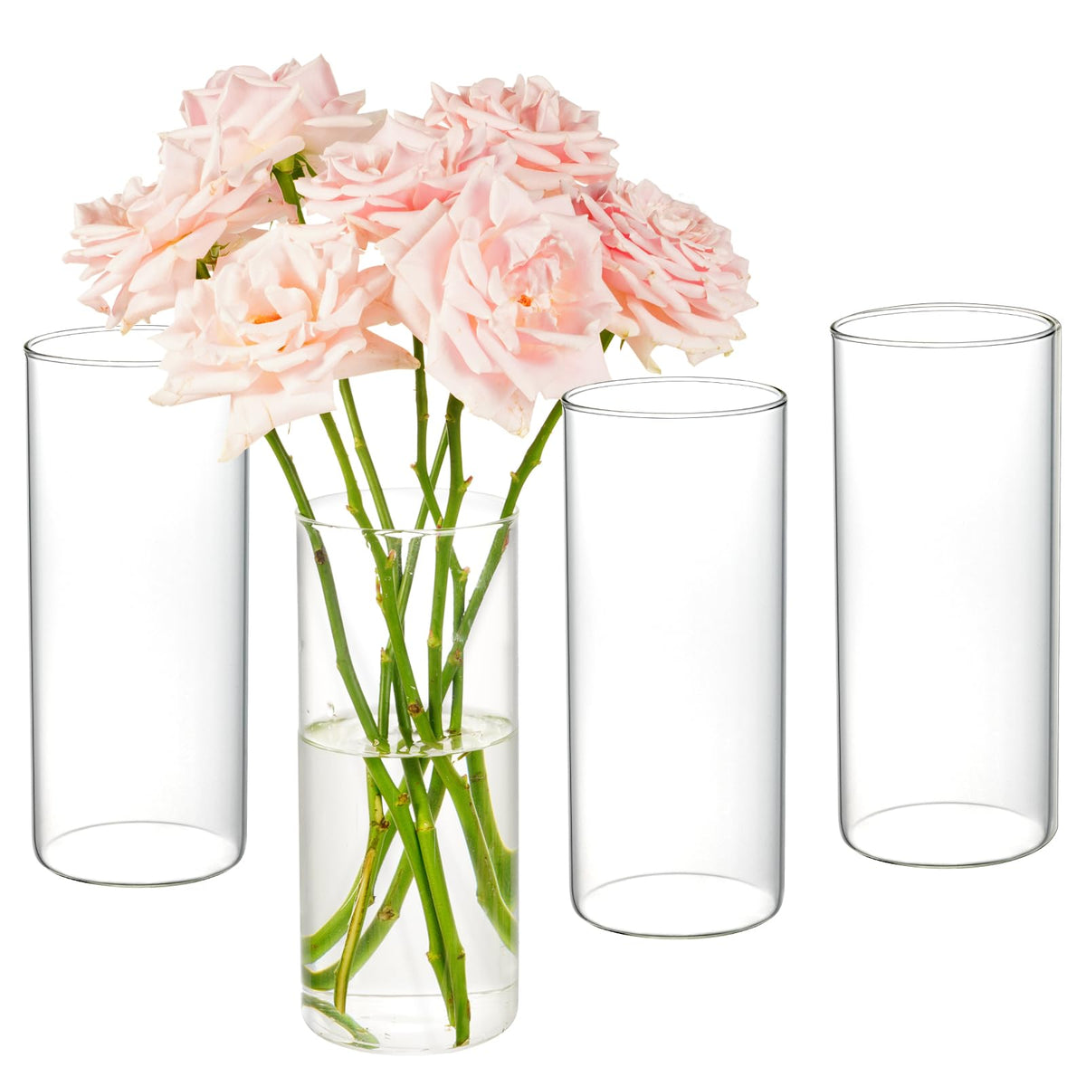 DNANAOL four clear glass cylinder vases for elegant table centerpieces.