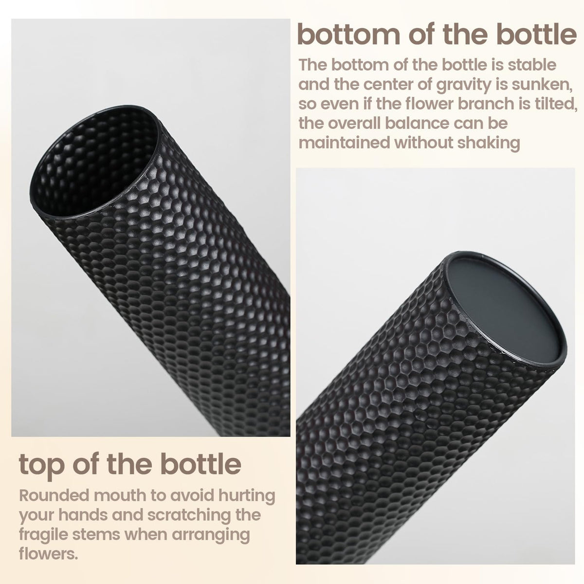 Dnnnii black metal cylinder vases closeup shows honeycomb texture and modern sheen.