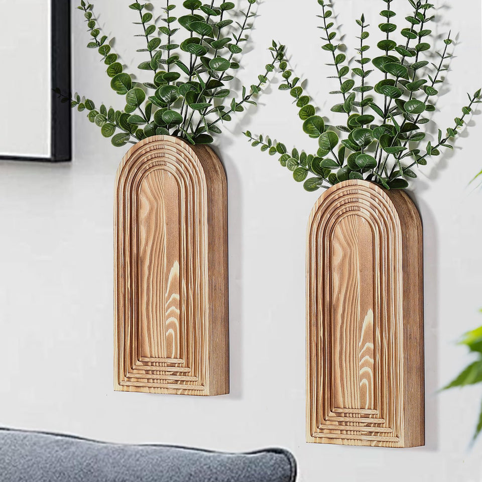 Dnnnii wooden wall vase set in brown finish front view for entryways.