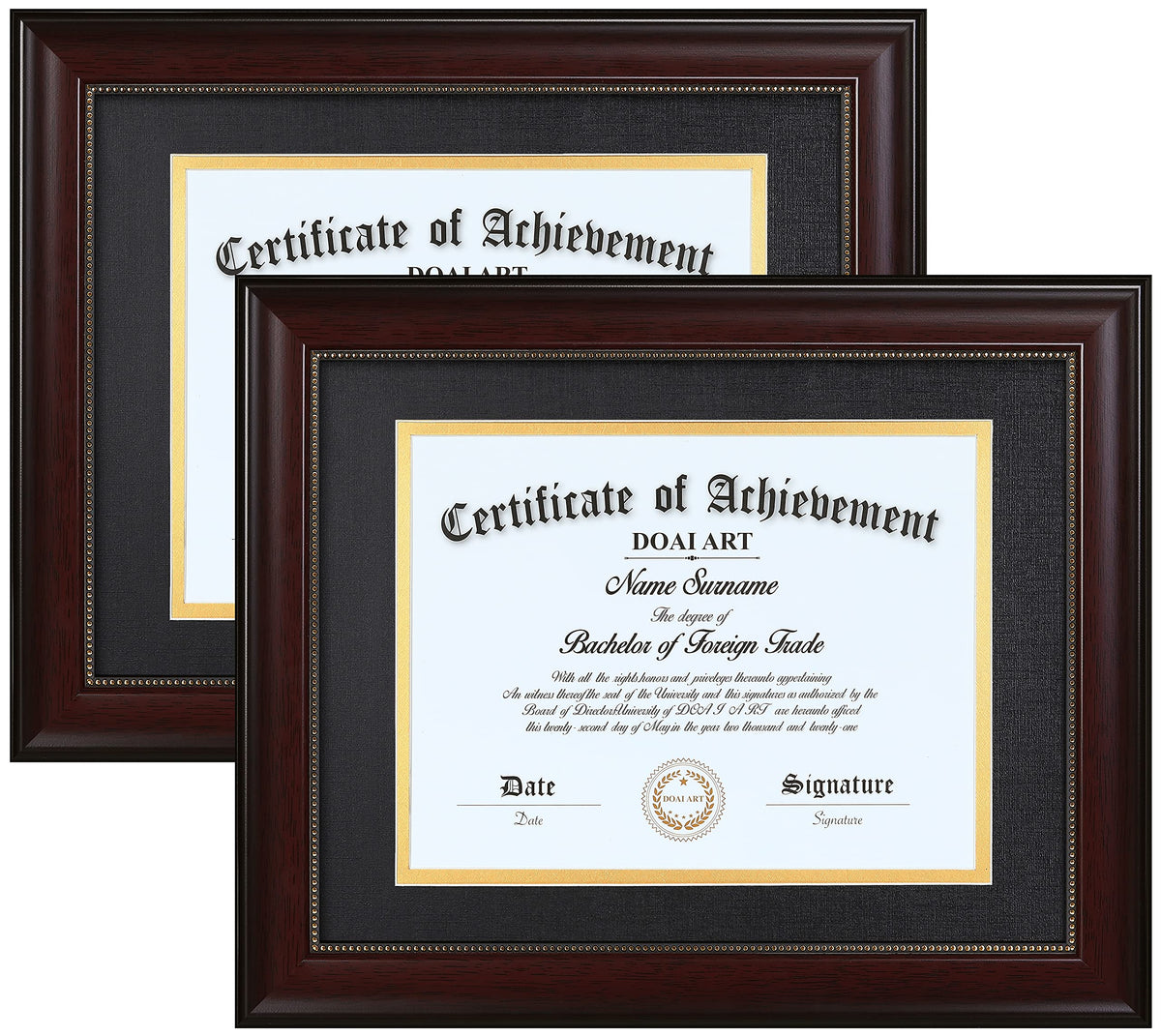DOAI ART diploma frame set in mahogany for two-diploma display.
