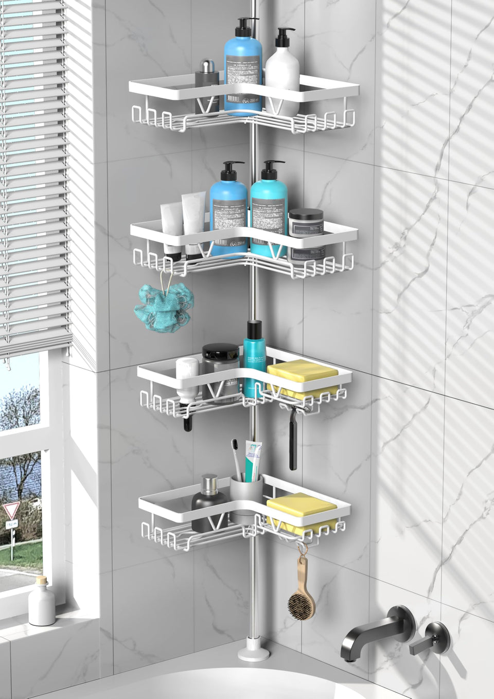 Doaya shower caddy 4-tier corner shelves for clutter-free bath storage.