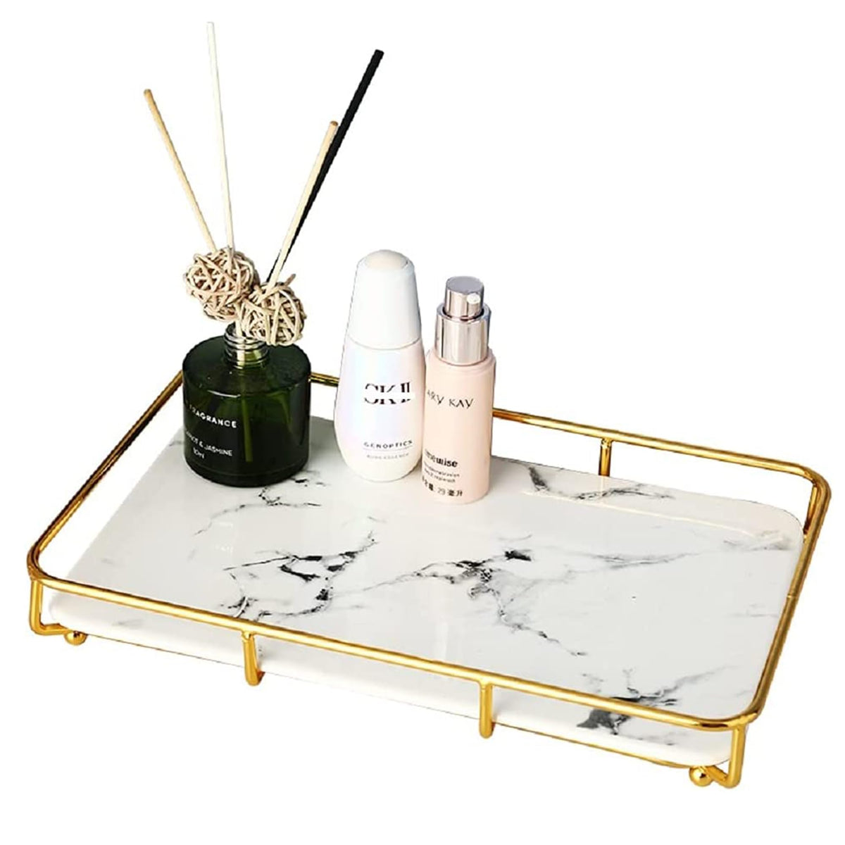 Dobbyby vanity tray front view with stainless steel frame for stable cosmetics storage.