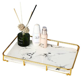 Dobbyby vanity tray front view with stainless steel frame for stable cosmetics storage.