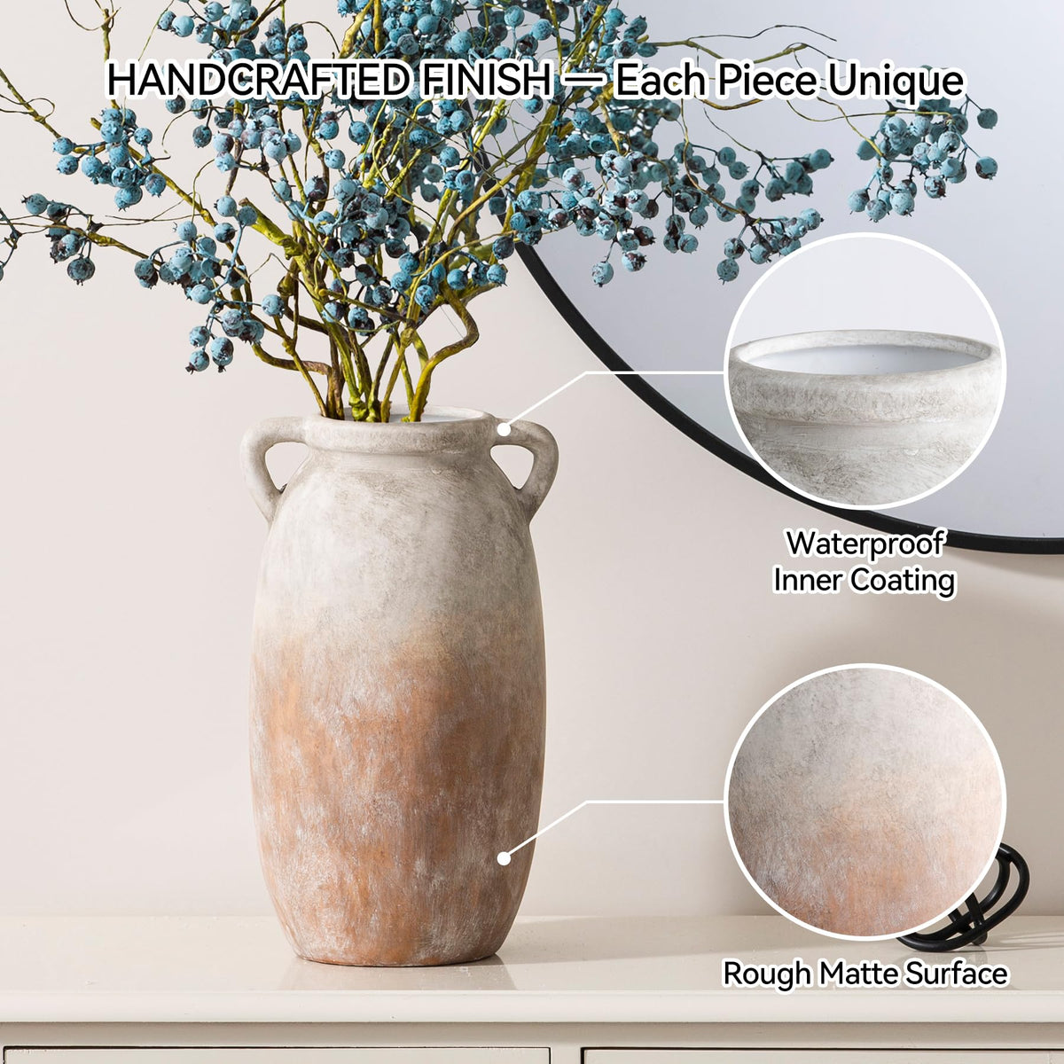 Dobbyby vase features waterproof interior suitable for fresh flowers.