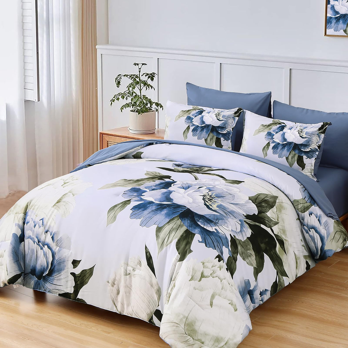 Dobuyly blue floral print detail highlights vibrant design that elevates guest room decor.
