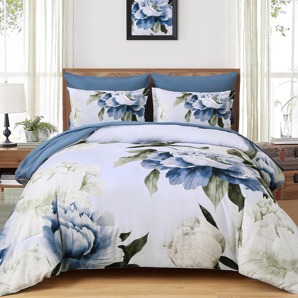 Dobuyly blue queen comforter set on bed with floral print for a fresh, calming bedroom.