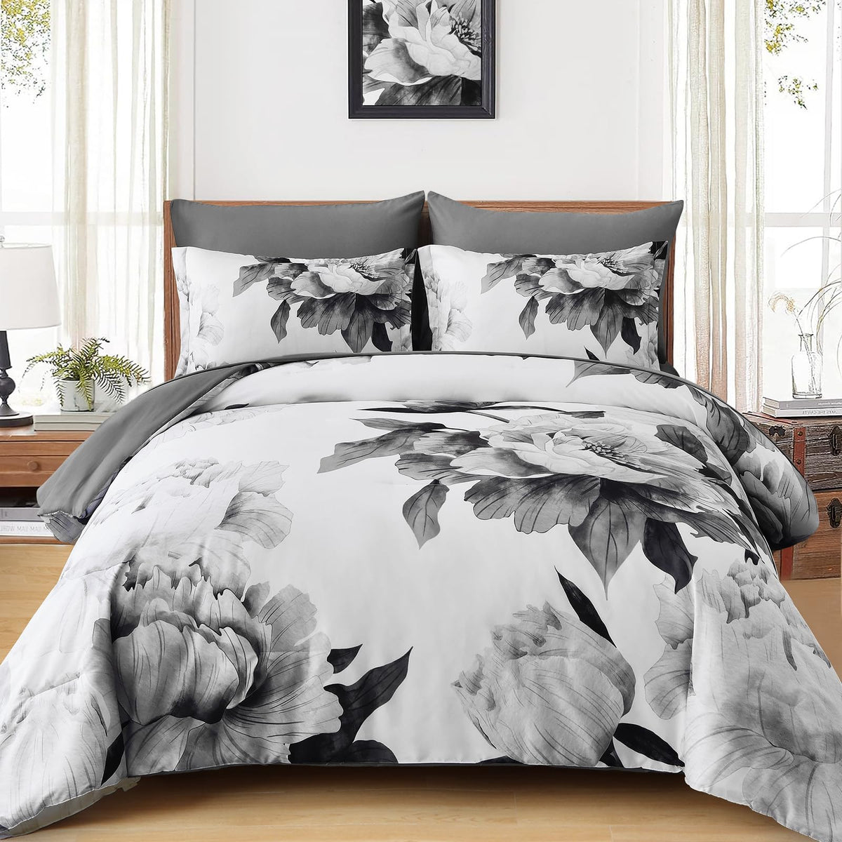 Dobuyly grey queen comforter set with floral on white enhances bedroom elegance and comfort.