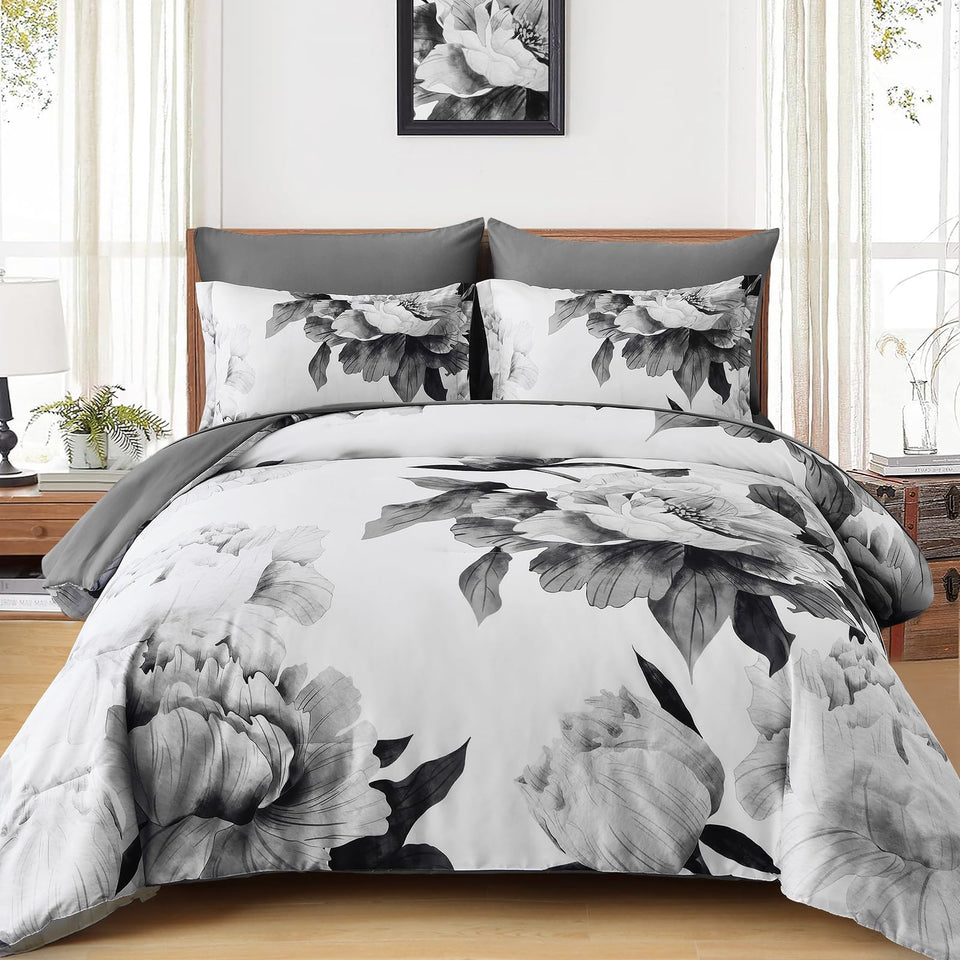 Dobuyly grey queen comforter set with floral on white enhances bedroom elegance and comfort.