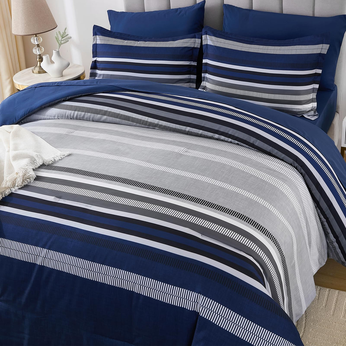 Dobuyly Navy Blue Queen Bed Scene showcasing a cozy, stylish bedroom