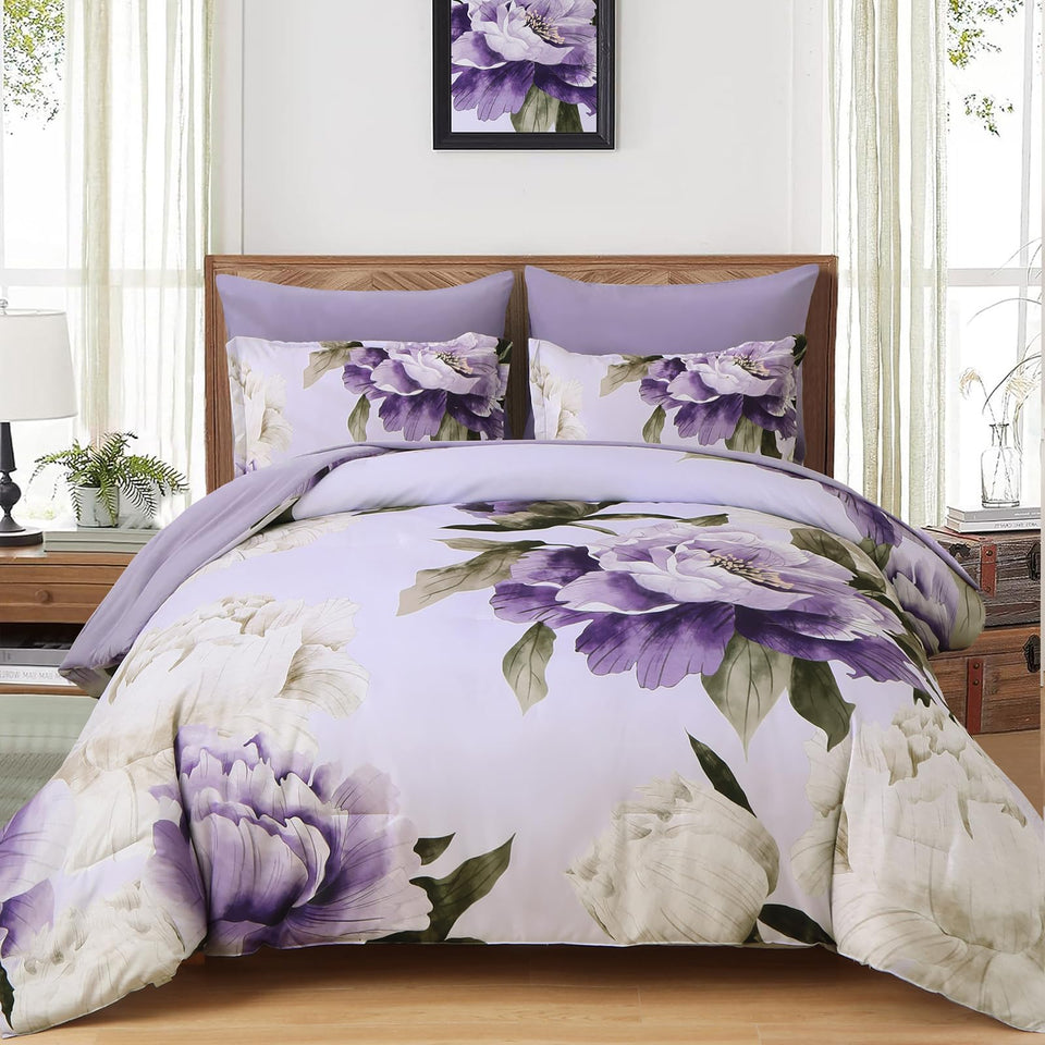Dobuyly purple queen comforter set cover with vibrant floral design for year-round coziness