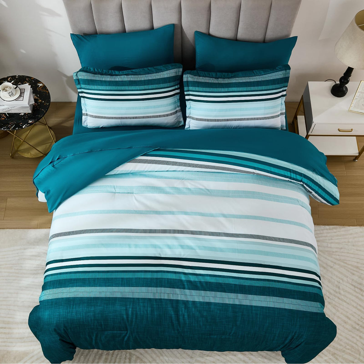 Dobuyly Teal Queen striped design adds a modern boho touch to the room