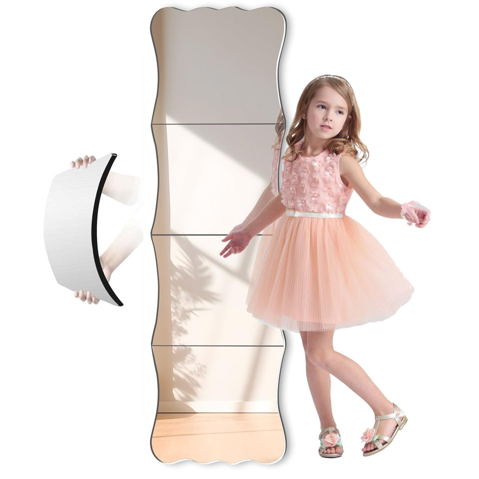 Doeean Wavy mirror tile assembly on wall for a full-length reflection.