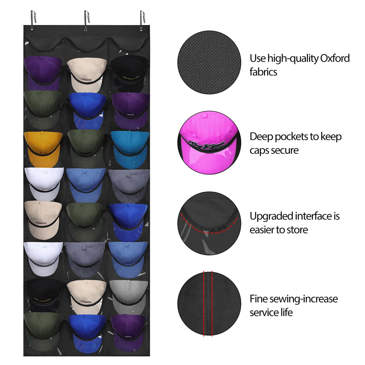 Dofilachy hat organizer features deep pockets for secure, visible storage of baseball caps.