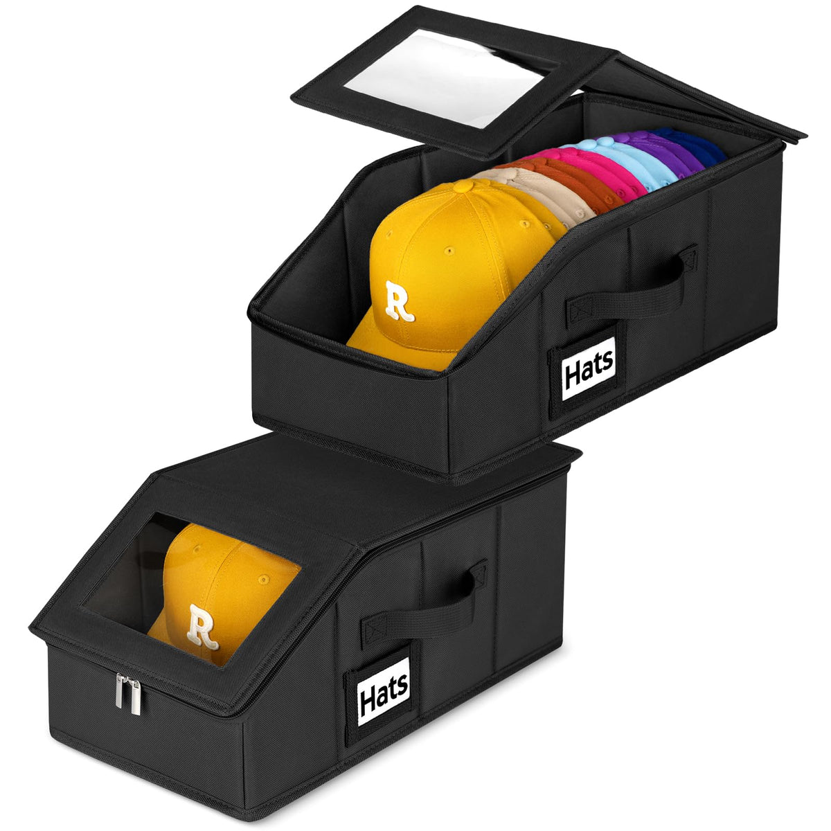 Dofilachy stackable hat storage dark finish with window for easy cap visibility and access.