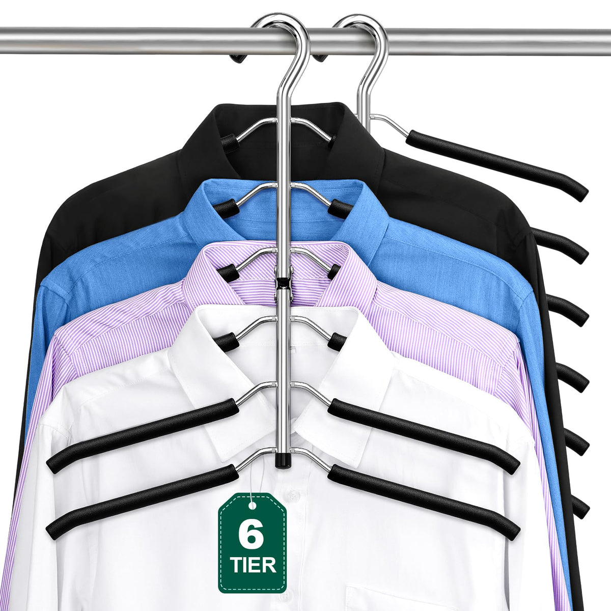 DOIOWN 6-tier space-saving hangers side view showing compact closet organization and vertical space gains