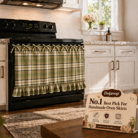 Dojavop Meadow oven skirt with ribbon ties enhances rustic kitchen charm.