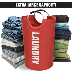 DOKEHOM red basket in closet with clothes organized inside.
