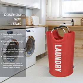 DOKEHOM red basket with side handle for easy transport of laundry.
