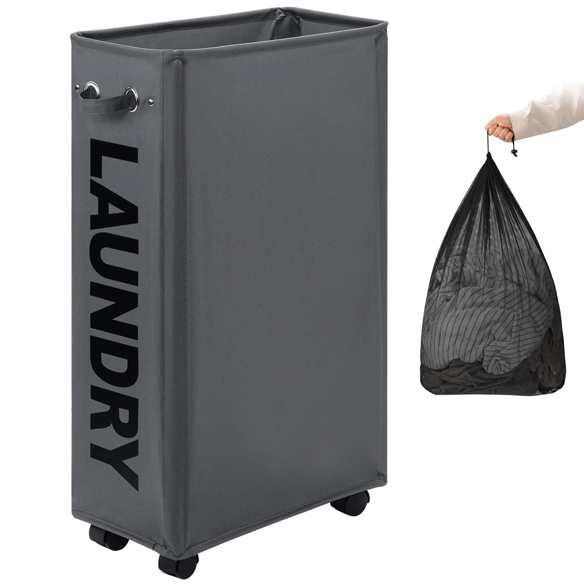 DOKEHOM 29 inch enlarged slim laundry basket on wheels for easy room-to-room transport.