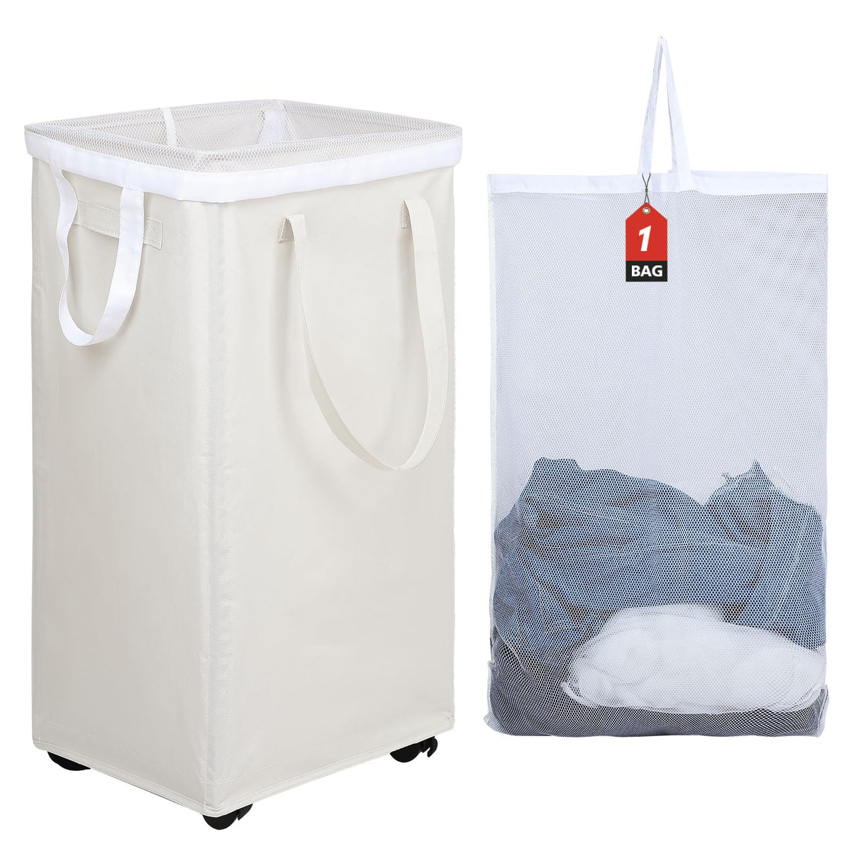 DOKEHOM 90L laundry basket on wheels beige for easy transport.