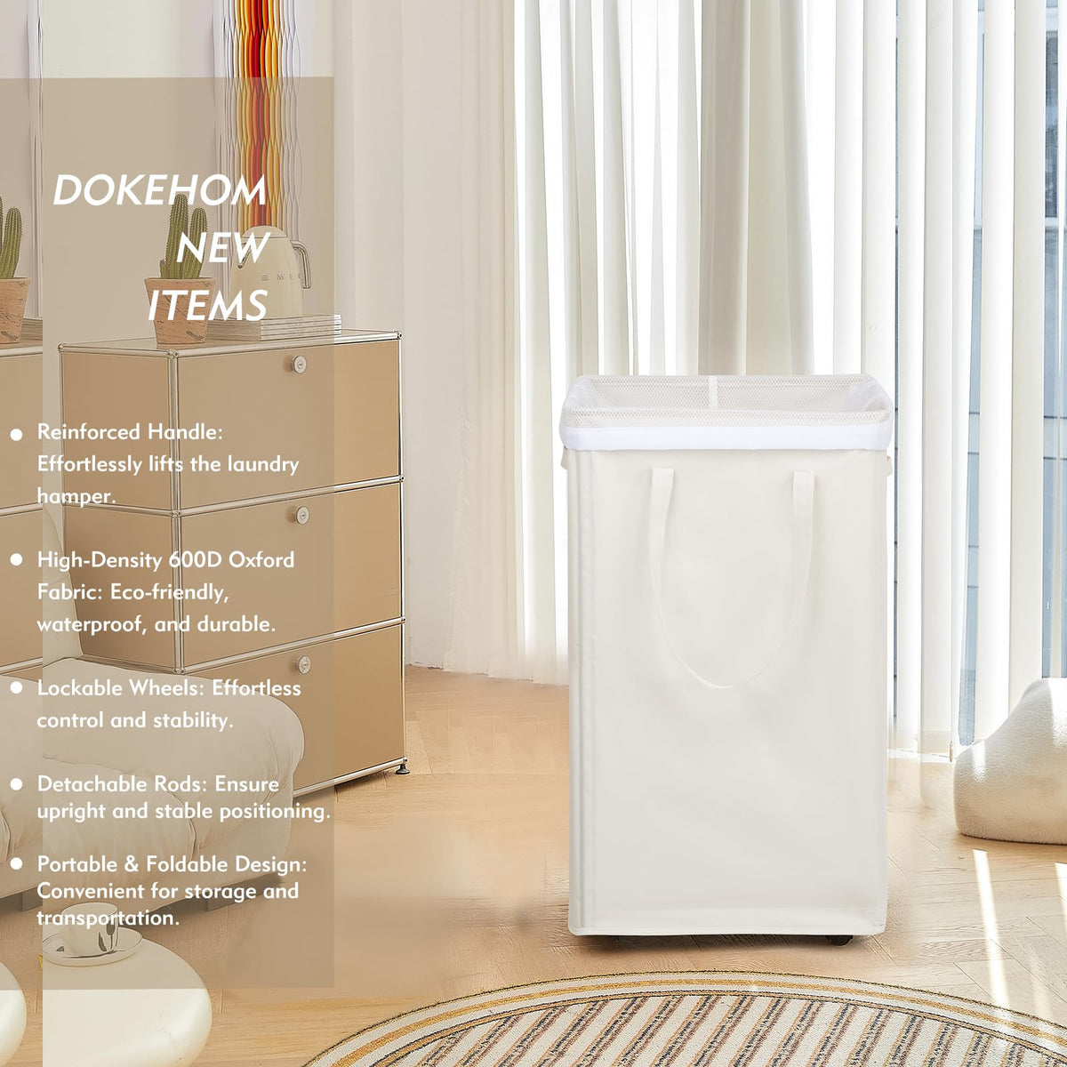DOKEHOM collapsible laundry bin in beige shown folded for compact storage.