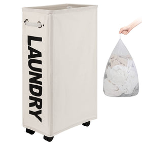 DOKEHOM laundry basket on four wheels for easy movement and stability.