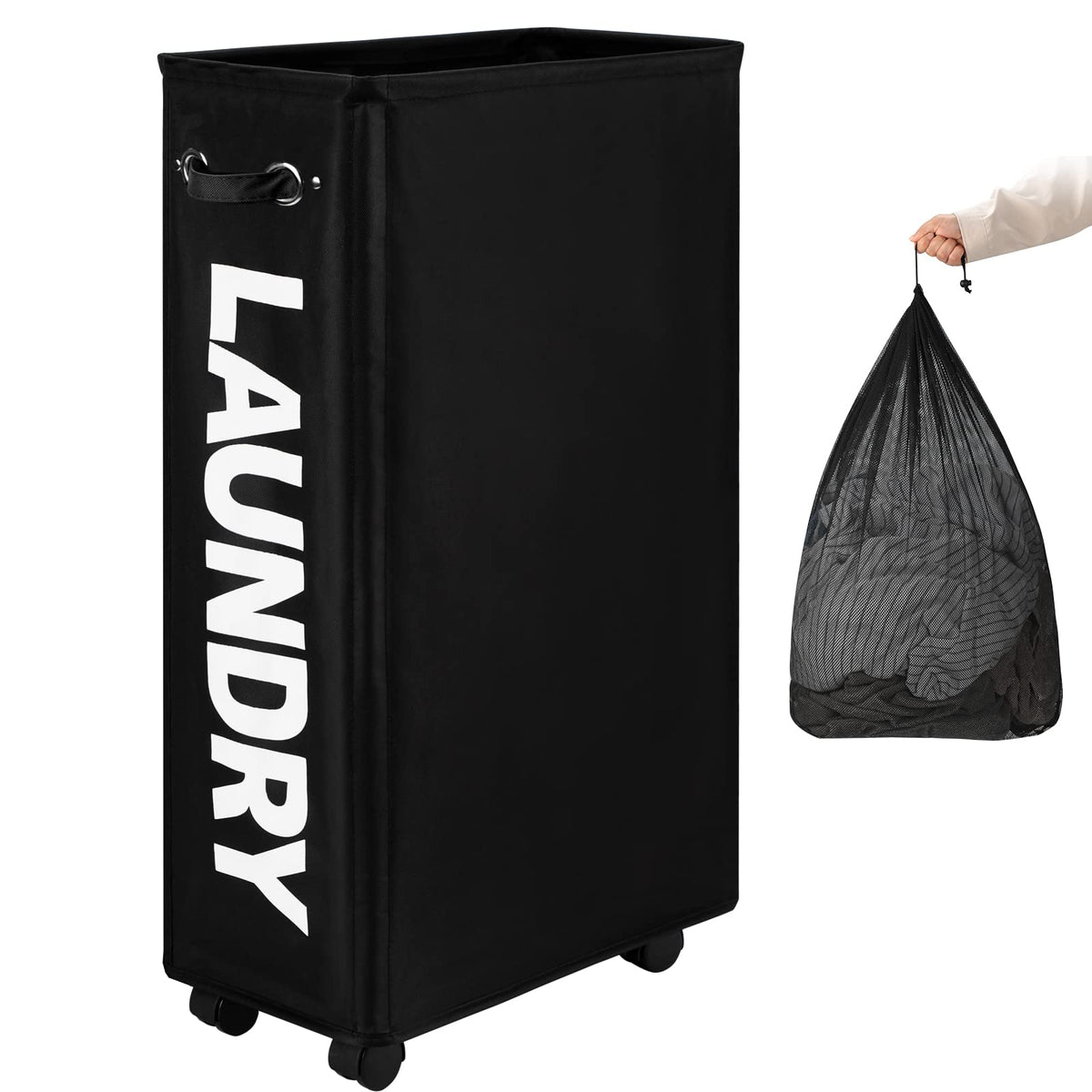 DOKEHOM slim 29-inch laundry basket fits tight spaces for easy closet storage