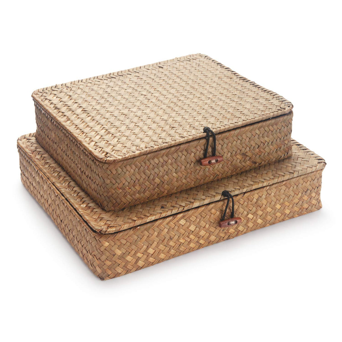 DOKOT flat seagrass bins with lid in large size for organized shelf storage.