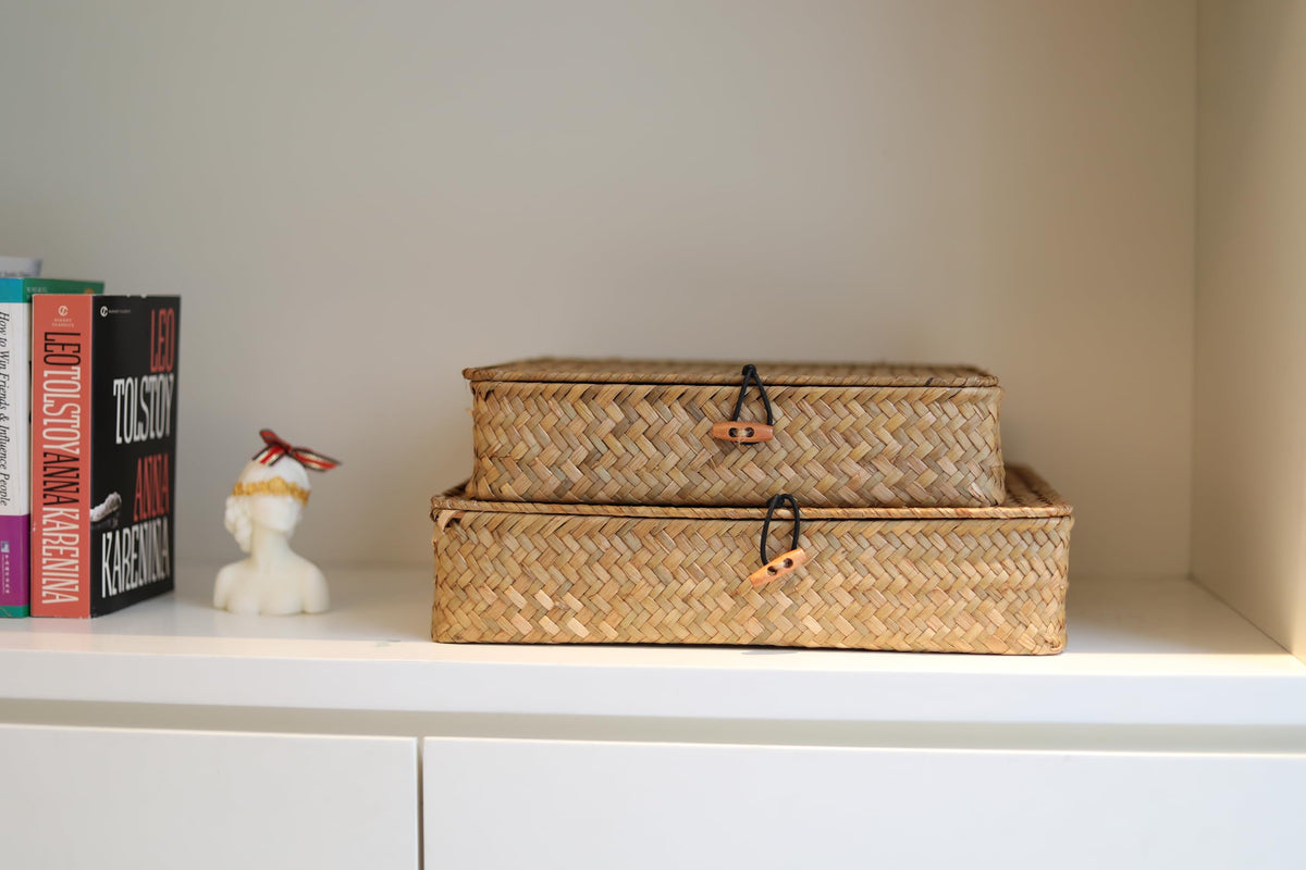 DOKOT flat seagrass bins with lid in small size for compact dresser organization.
