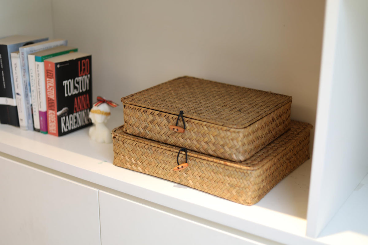 DOKOT seagrass baskets on shelf showing natural decor and practical storage.