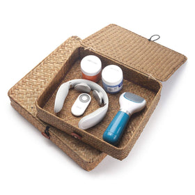 DOKOT seagrass bin on coffee table keeps essentials neatly at hand.