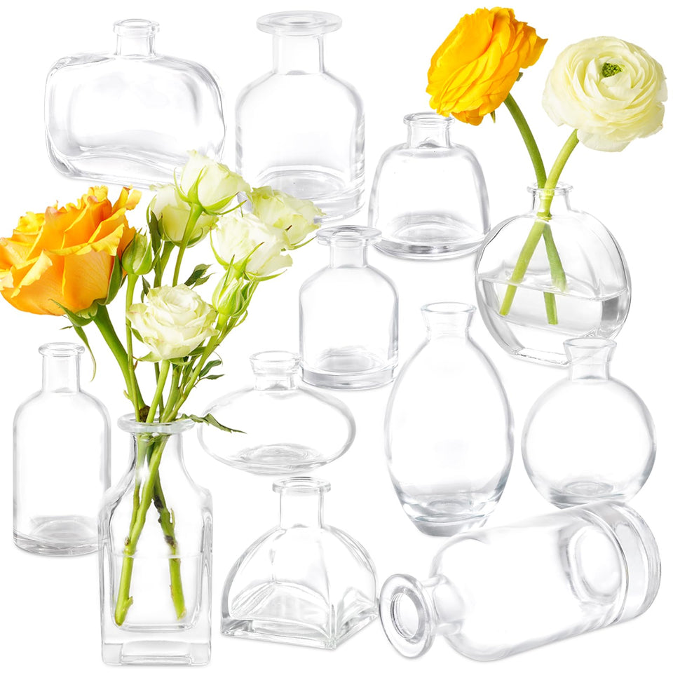 DOLEEYAE Bud Vases 12-set in clear glass for versatile centerpieces.