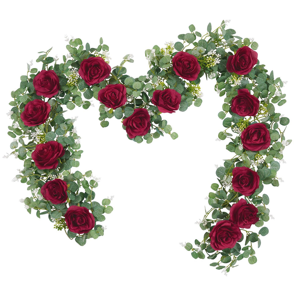 Dolicer 2-piece 13ft eucalyptus garland draped on an arch for wedding ambiance.