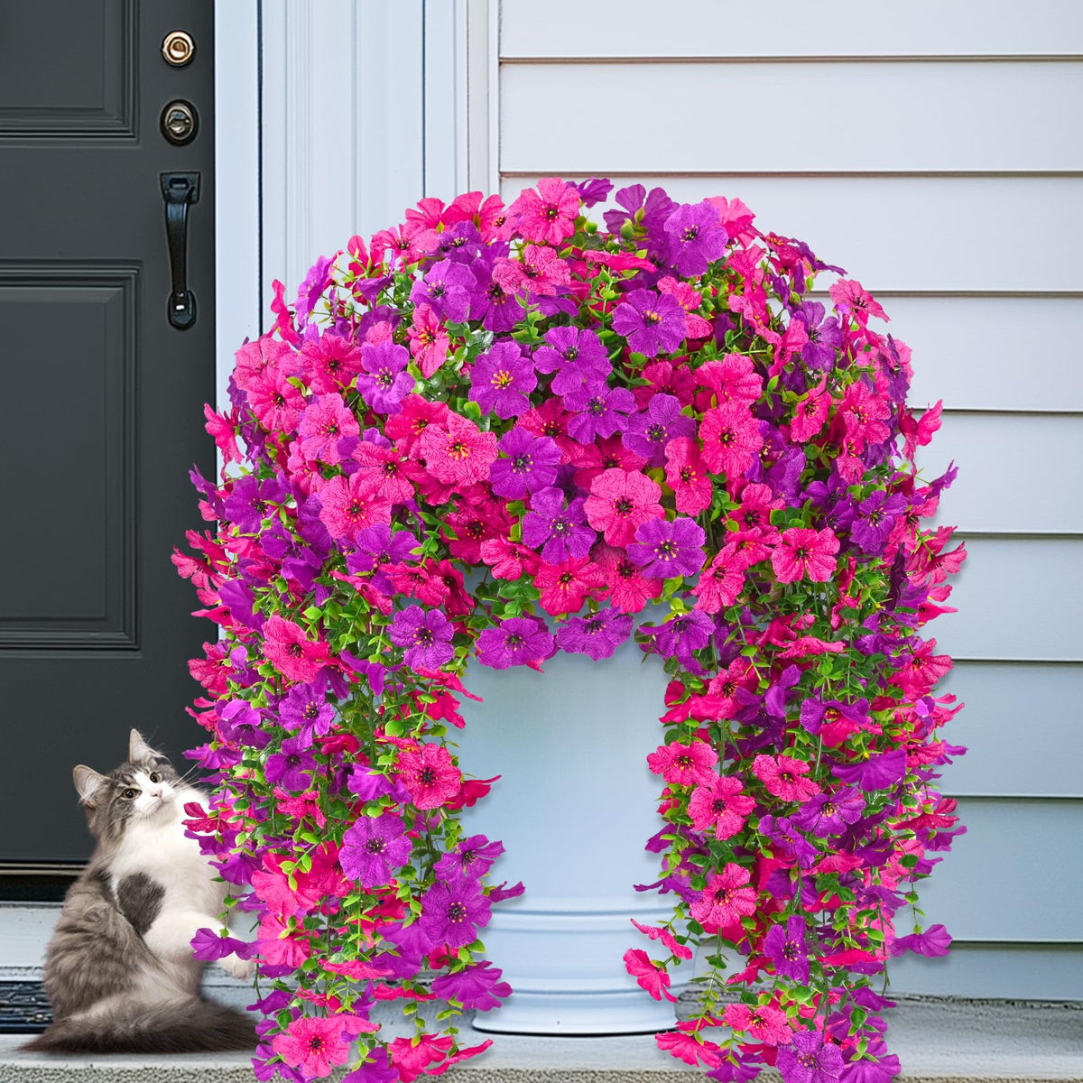 Dolicer 30-inch stems create lush outdoor basket displays.