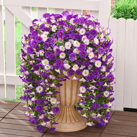 Dolicer 4-pack look real artificial outdoor flowers; branch close-up shows lifelike detail.