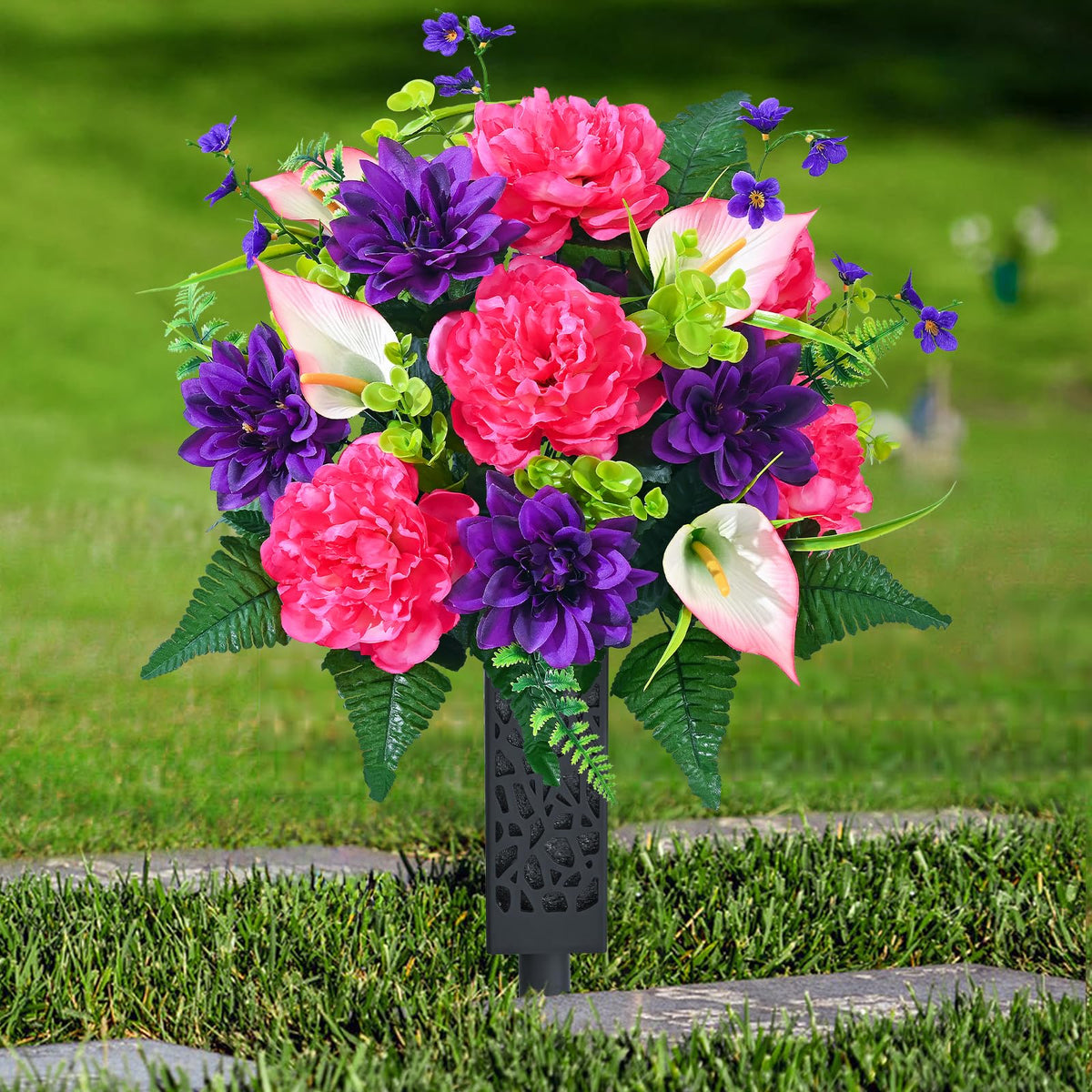Dolicer artificial cemetery flowers bouquet setup shows vibrant lifelike hues for a respectful tribute.