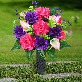 Dolicer artificial cemetery flowers bouquet setup shows vibrant lifelike hues for a respectful tribute.