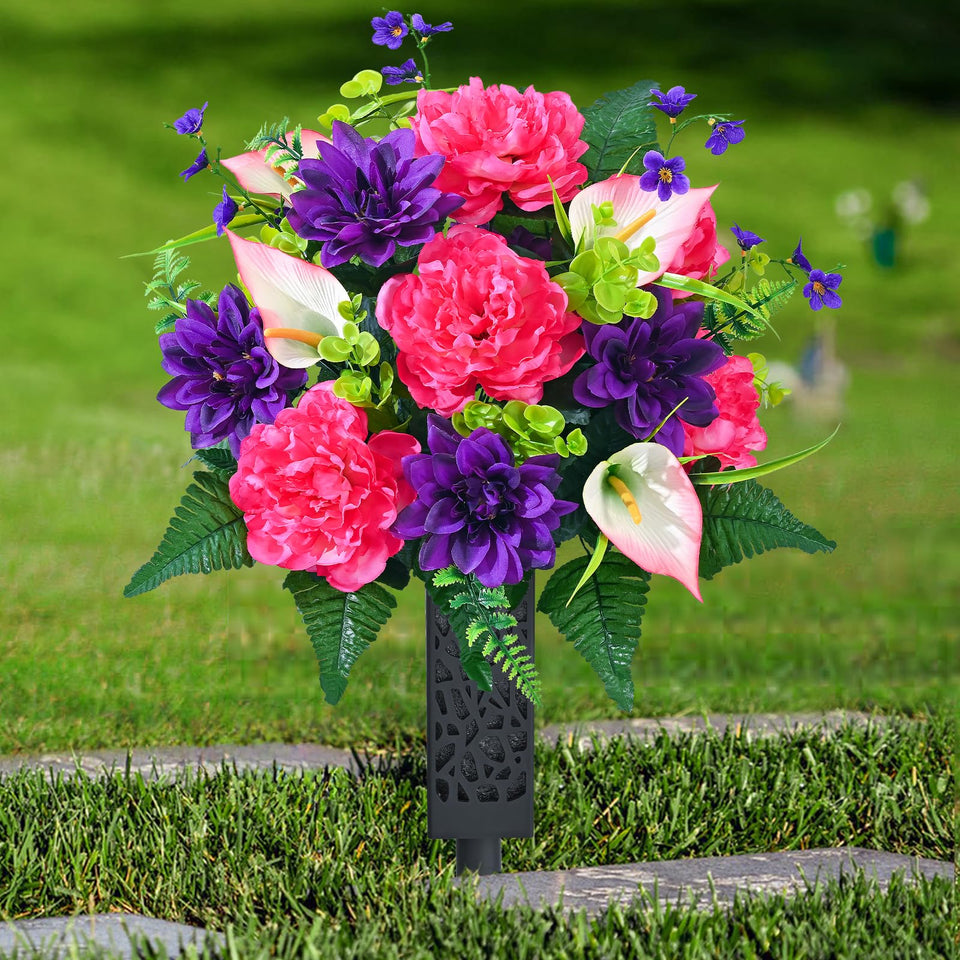 Dolicer artificial cemetery flowers bouquet setup shows vibrant lifelike hues for a respectful tribute.