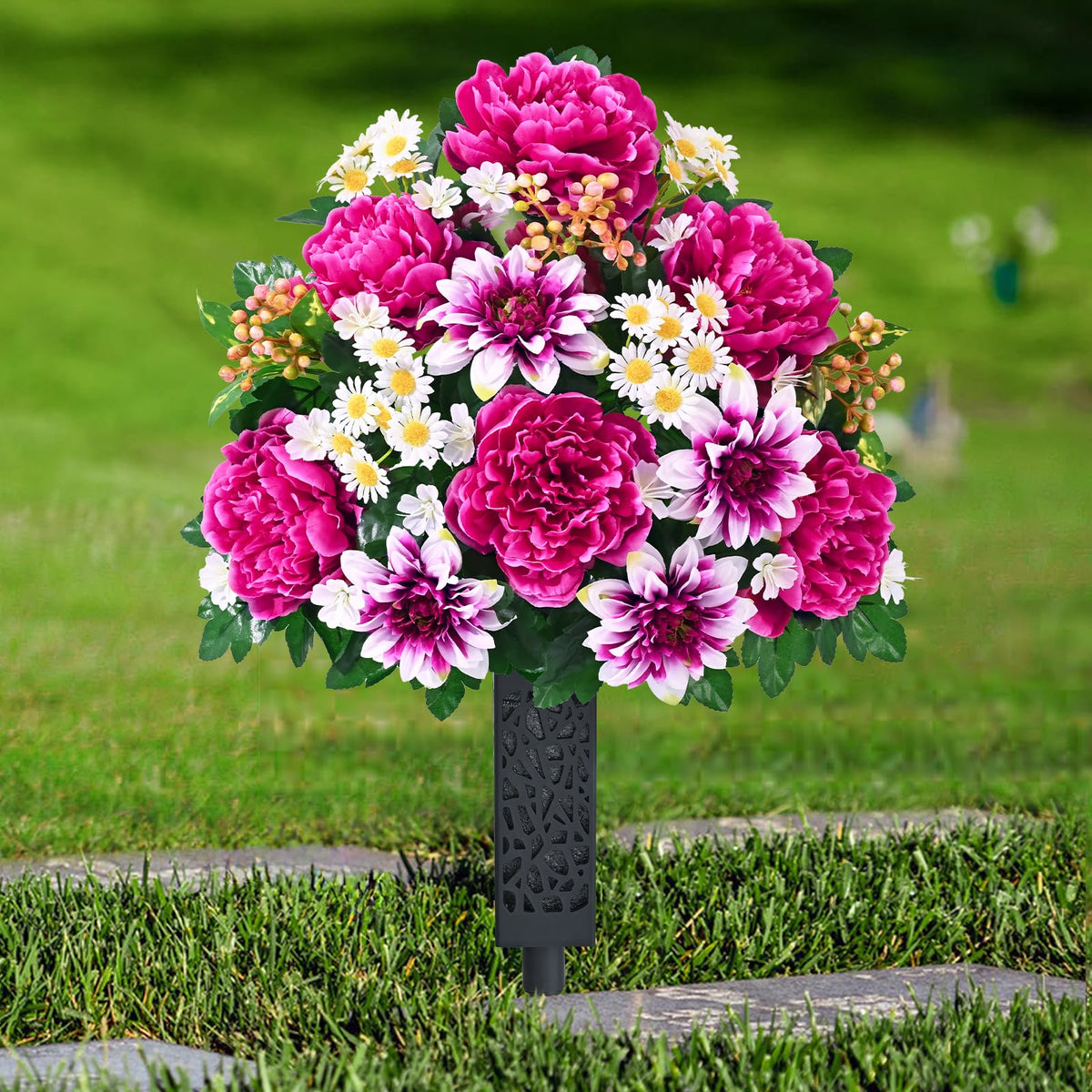 Dolicer artificial cemetery flowers for grave set 2 bouquets provide enduring beauty for a grave.