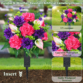 Dolicer grave vases with ground inserts stabilize the display after rain.