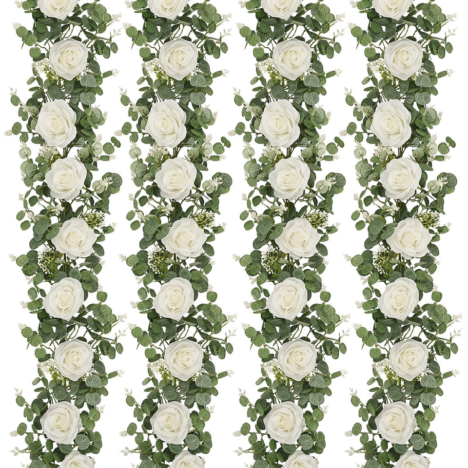 Dolicer artificial eucalyptus garland with white roses for elegant table decor