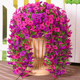 Dolicer outdoor artificial flowers in purple and fuchsia for porch decor.