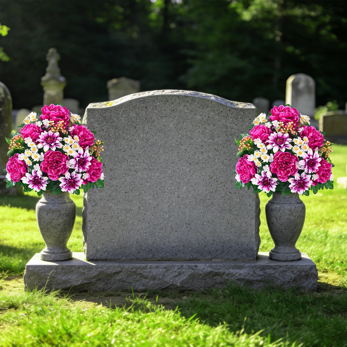Dolicer red-with-white flowers create a respectful memorial ambiance.